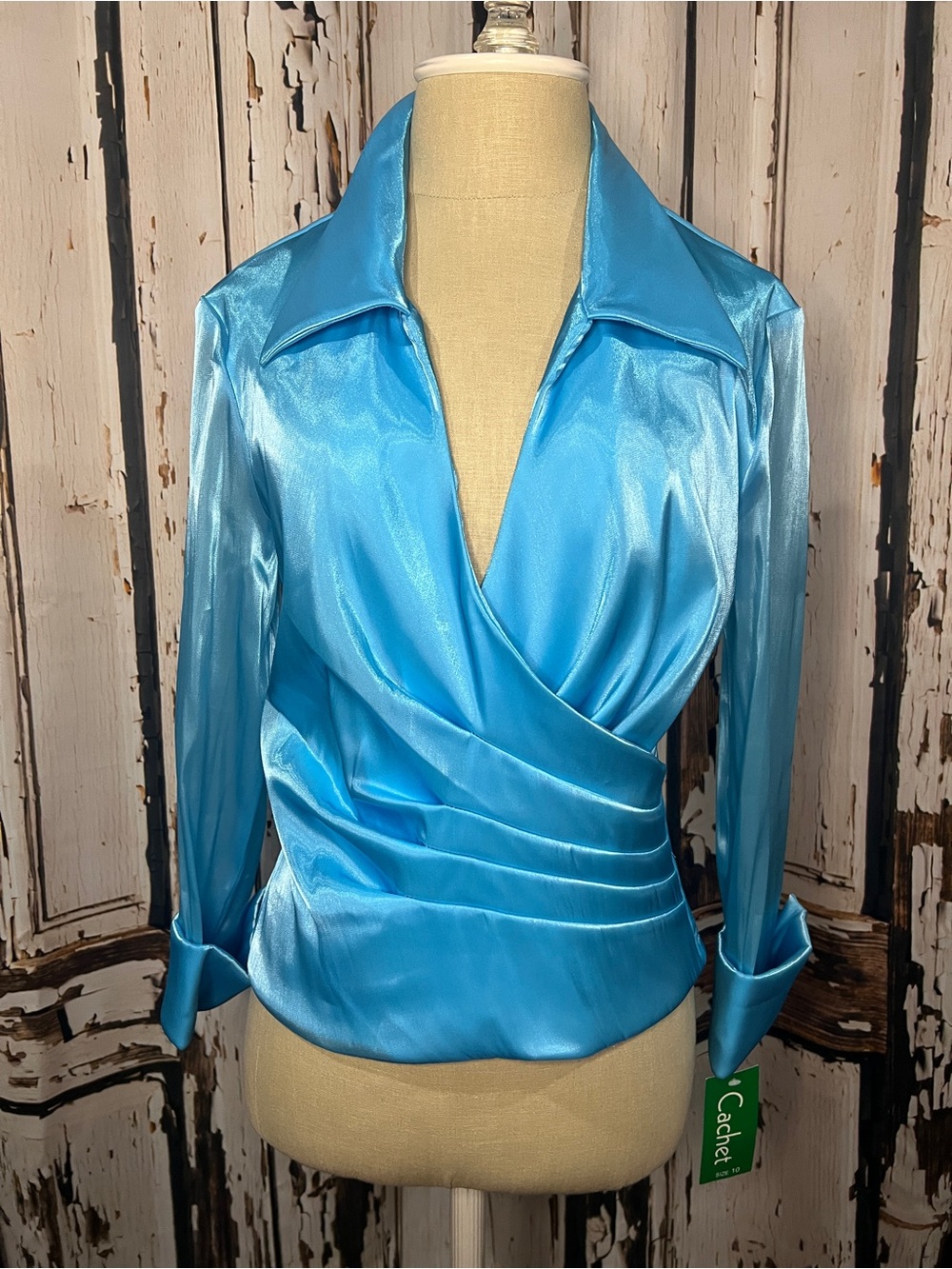 ROMANTIC Cachet Women's Satin Wrap Blouse in Turquoise Blue